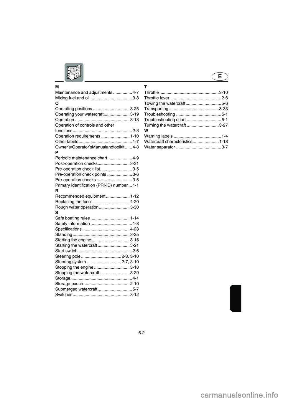 YAMAHA SUPERJET 2002  Owners Manual 6-2
E
M
Maintenance and adjustments ................ 4-7
Mixing fuel and oil ................................... 3-3
O
Operating positions ............................... 3-25
Operating your watercraf