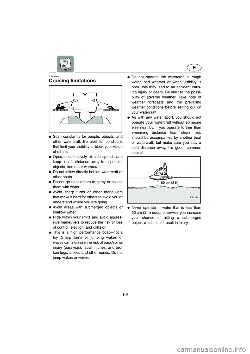 YAMAHA SUPERJET 2002 User Guide 1-9
E
EJU01269 
Cruising limitations  
Scan constantly for people, objects, and
other watercraft. Be alert for conditions
that limit your visibility or block your vision
of others. 
Operate defensiv