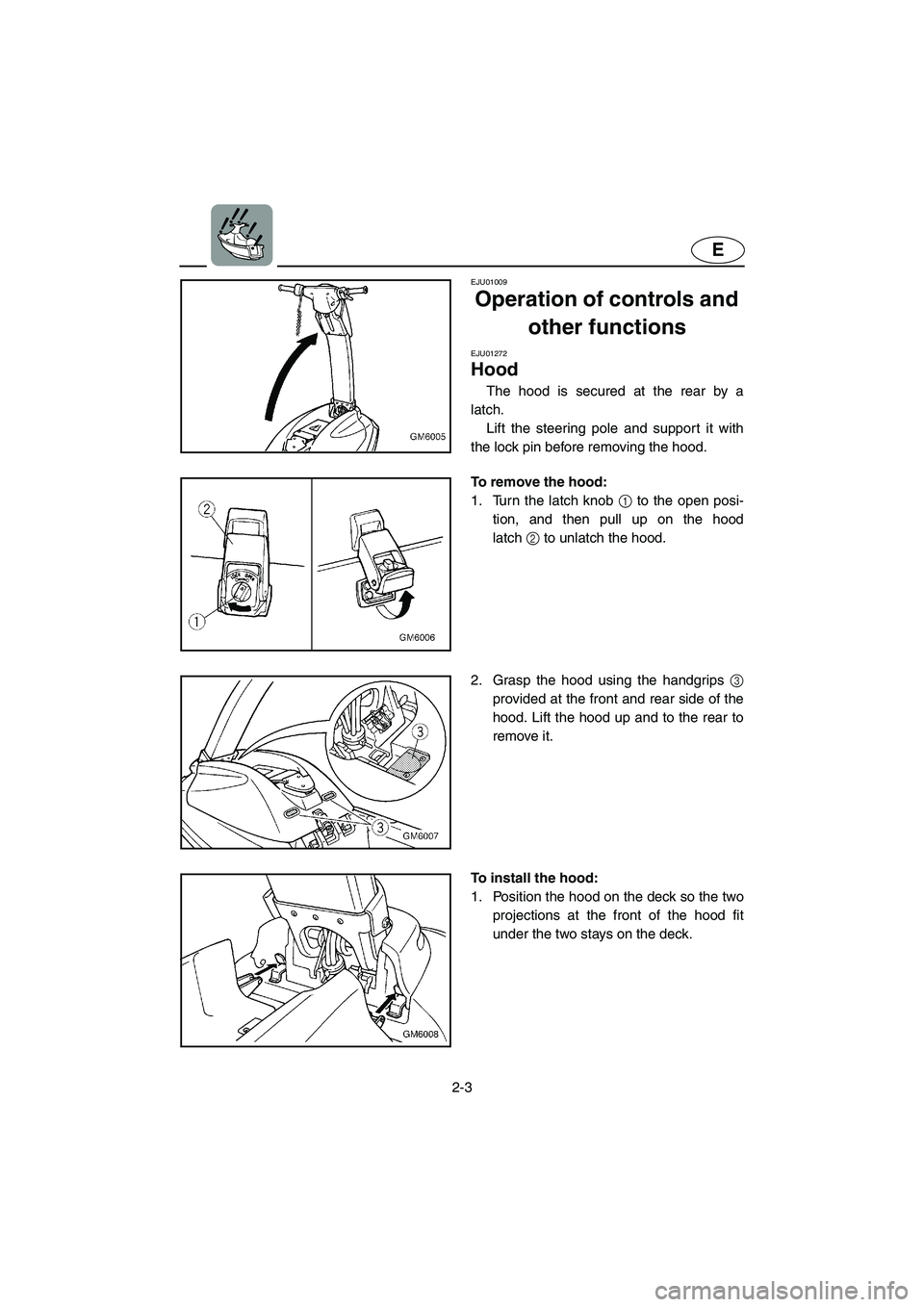 YAMAHA SUPERJET 2002  Owners Manual 2-3
E
EJU01009 
Operation of controls and 
other functions 
EJU01272 
Hood  
The hood is secured at the rear by a
latch. 
Lift the steering pole and support it with
the lock pin before removing the ho
