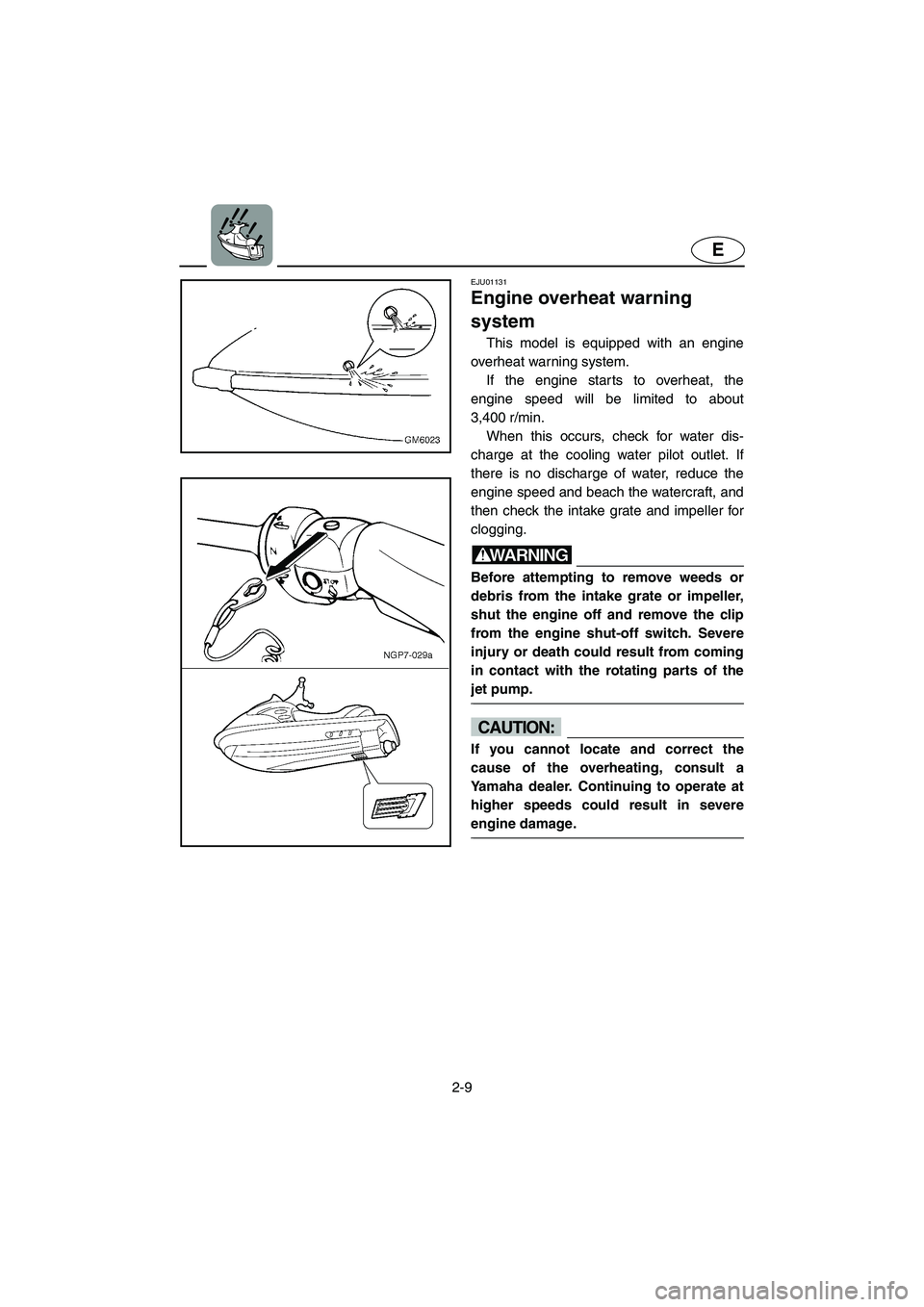 YAMAHA SUPERJET 2002  Owners Manual 2-9
E
EJU01131 
Engine overheat warning 
system  
This model is equipped with an engine
overheat warning system. 
If the engine starts to overheat, the
engine speed will be limited to about
3,400 r/mi