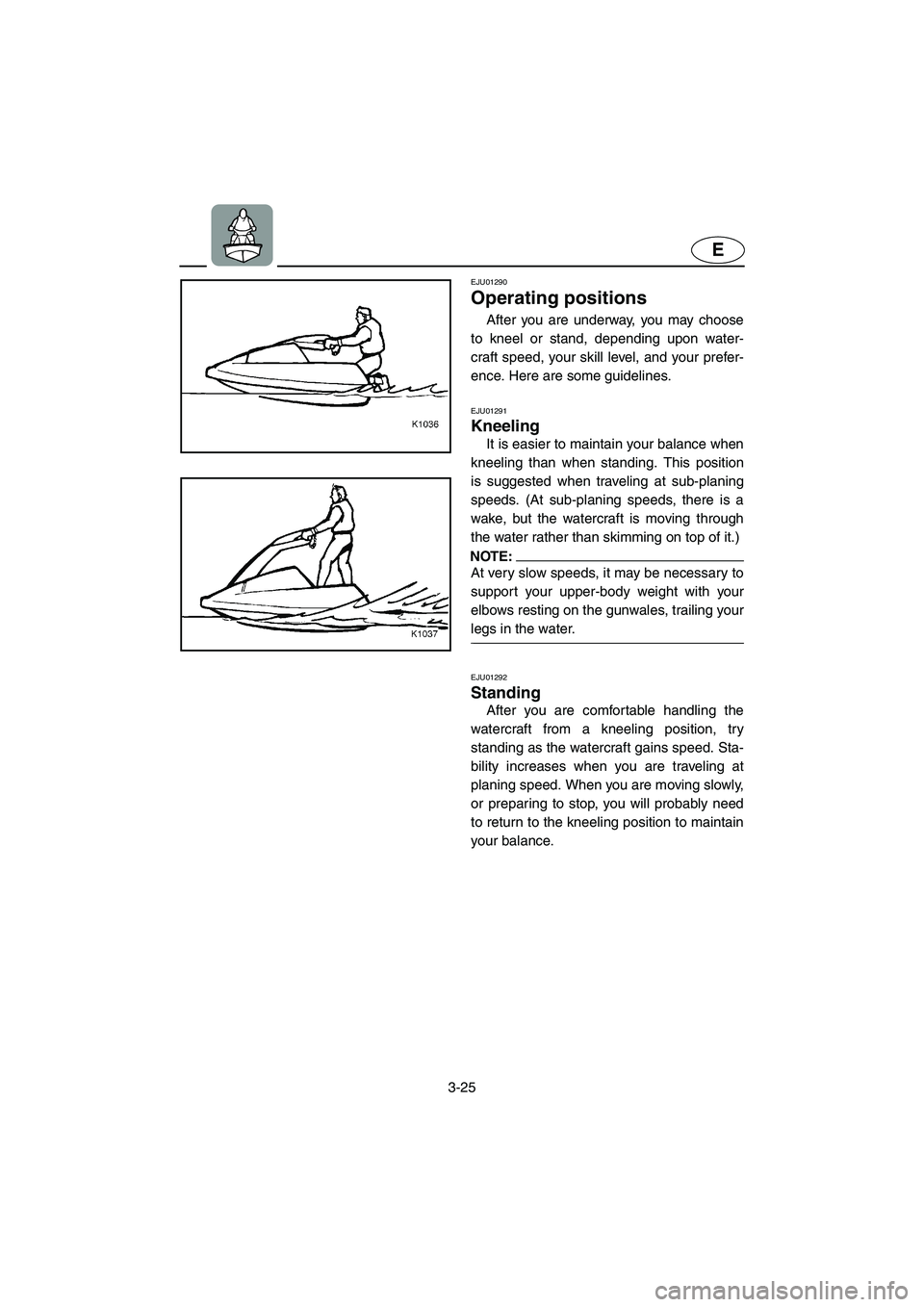 YAMAHA SUPERJET 2002 Workshop Manual 3-25
E
EJU01290 
Operating positions  
After you are underway, you may choose
to kneel or stand, depending upon water-
craft speed, your skill level, and your prefer-
ence. Here are some guidelines.
E