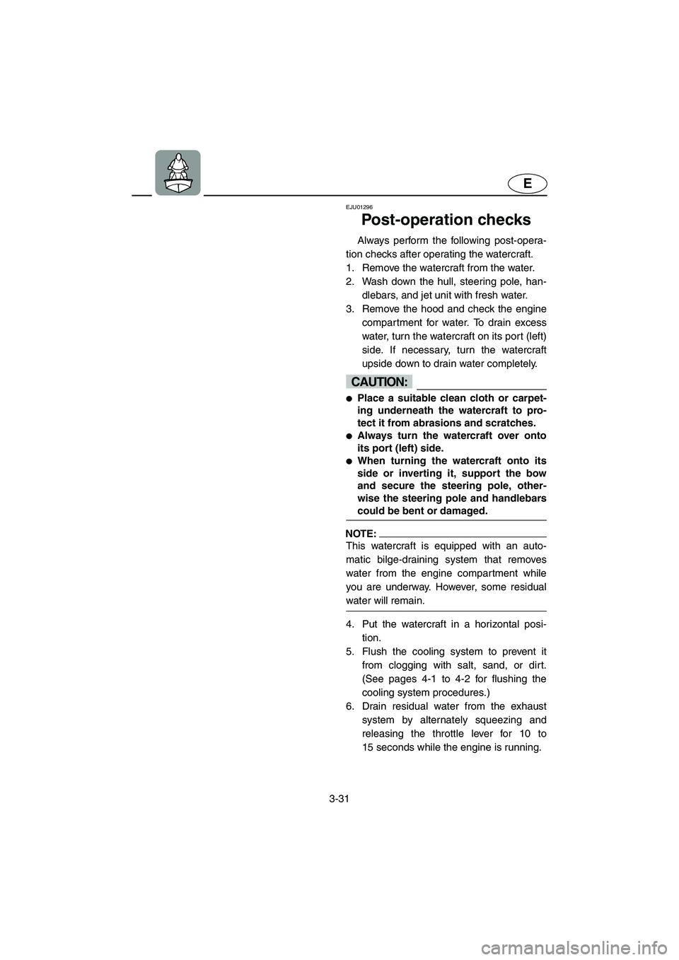 YAMAHA SUPERJET 2002  Owners Manual 3-31
E
EJU01296 
Post-operation checks  
Always perform the following post-opera-
tion checks after operating the watercraft. 
1. Remove the watercraft from the water. 
2. Wash down the hull, steering