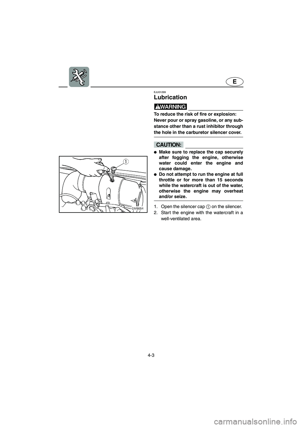 YAMAHA SUPERJET 2002  Owners Manual 4-3
E
EJU01299 
Lubrication  
WARNING@ To reduce the risk of fire or explosion: 
Never pour or spray gasoline, or any sub-
stance other than a rust inhibitor through
the hole in the carburetor silence