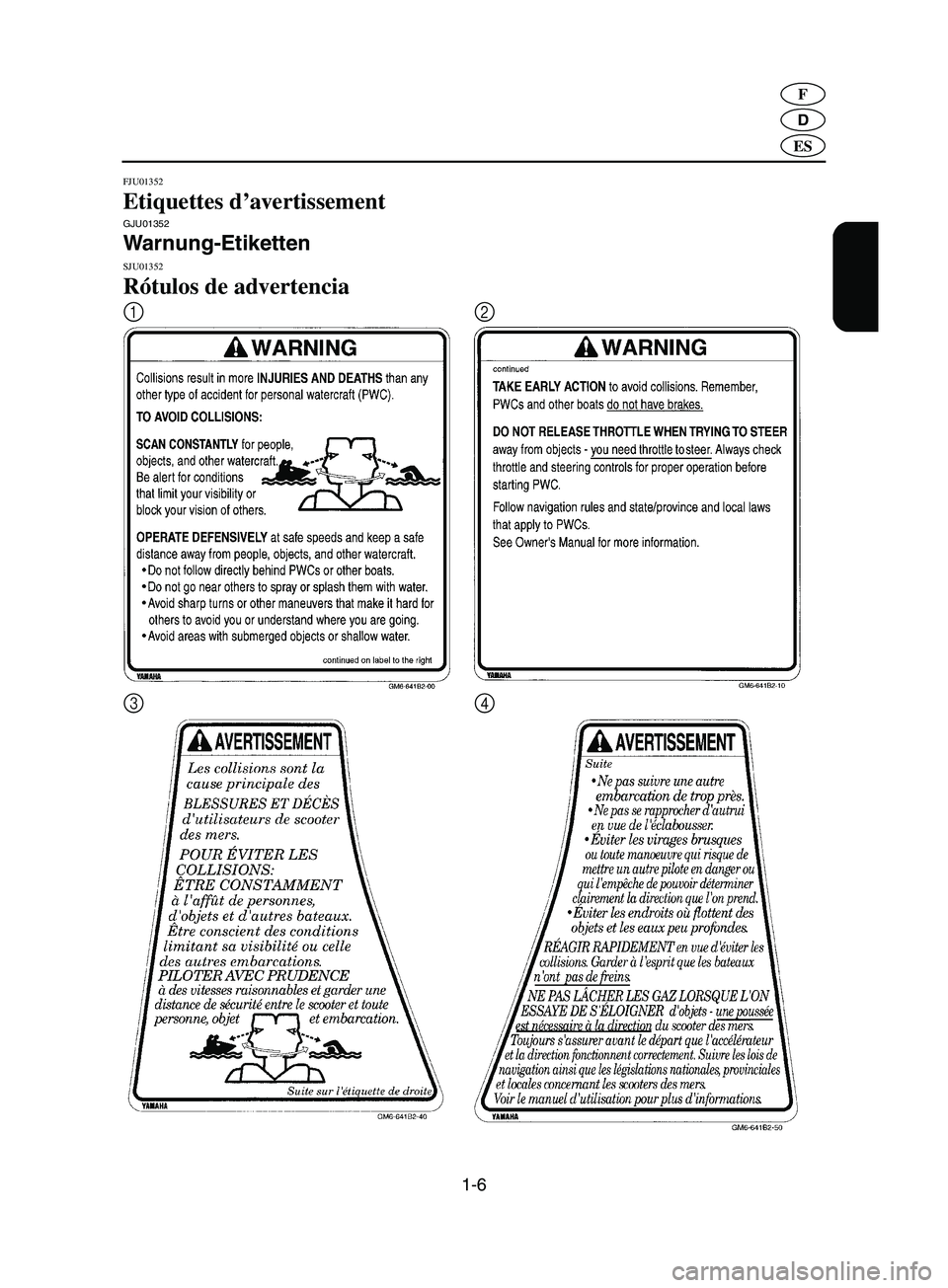 YAMAHA SUPERJET 2002  Betriebsanleitungen (in German) 1-6
D
F
ES
FJU01352 
Etiquettes d’avertissement  GJU01352 
Warnung-Etiketten  
SJU01352 
Rótulos de advertencia 
12
34
A_F1N-80.book  Page 6  Thursday, July 19, 2001  9:05 AM 