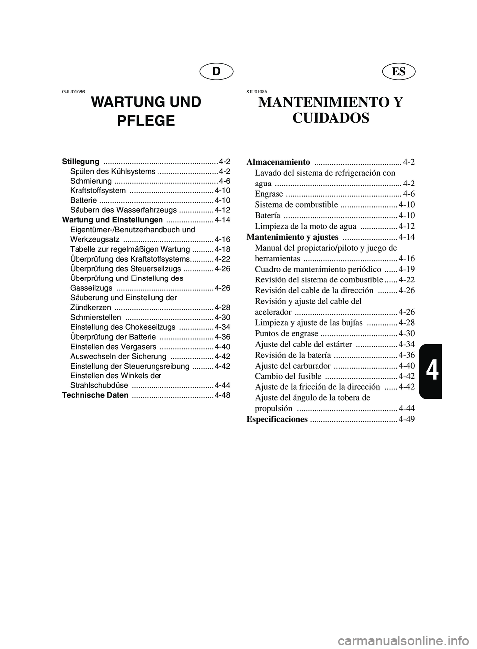 YAMAHA SUPERJET 2002 Notices Demploi (in French) ESD
4
GJU01086
WARTUNG UND
PFLEGE
Stillegung ..................................................... 4-2
Spülen des Kühlsystems ............................ 4-2
Schmierung .......................... YAMAHA SUPERJET 2002 Notices Demploi (in French) ESD
4
GJU01086
WARTUNG UND
PFLEGE
Stillegung ..................................................... 4-2
Spülen des Kühlsystems ............................ 4-2
Schmierung ..........................
