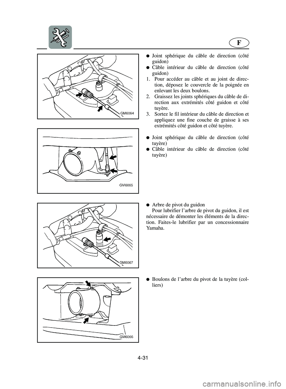 YAMAHA SUPERJET 2002  Notices Demploi (in French) 4-31
F
Joint sphérique du câble de direction (côté
guidon) 
Câble intérieur du câble de direction (côté
guidon) 
1. Pour accéder au câble et au joint de direc-
tion, déposez le couvercle
