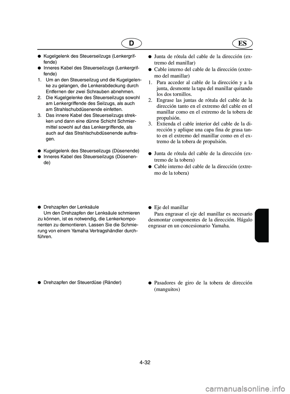YAMAHA SUPERJET 2002  Notices Demploi (in French) 4-32
ESD
Kugelgelenk des Steuerseilzugs (Lenkergrif-
fende) 
Inneres Kabel des Steuerseilzugs (Lenkergrif-
fende) 
1. Um an den Steuerseilzug und die Kugelgelen-
ke zu gelangen, die Lenkerabdeckung 
