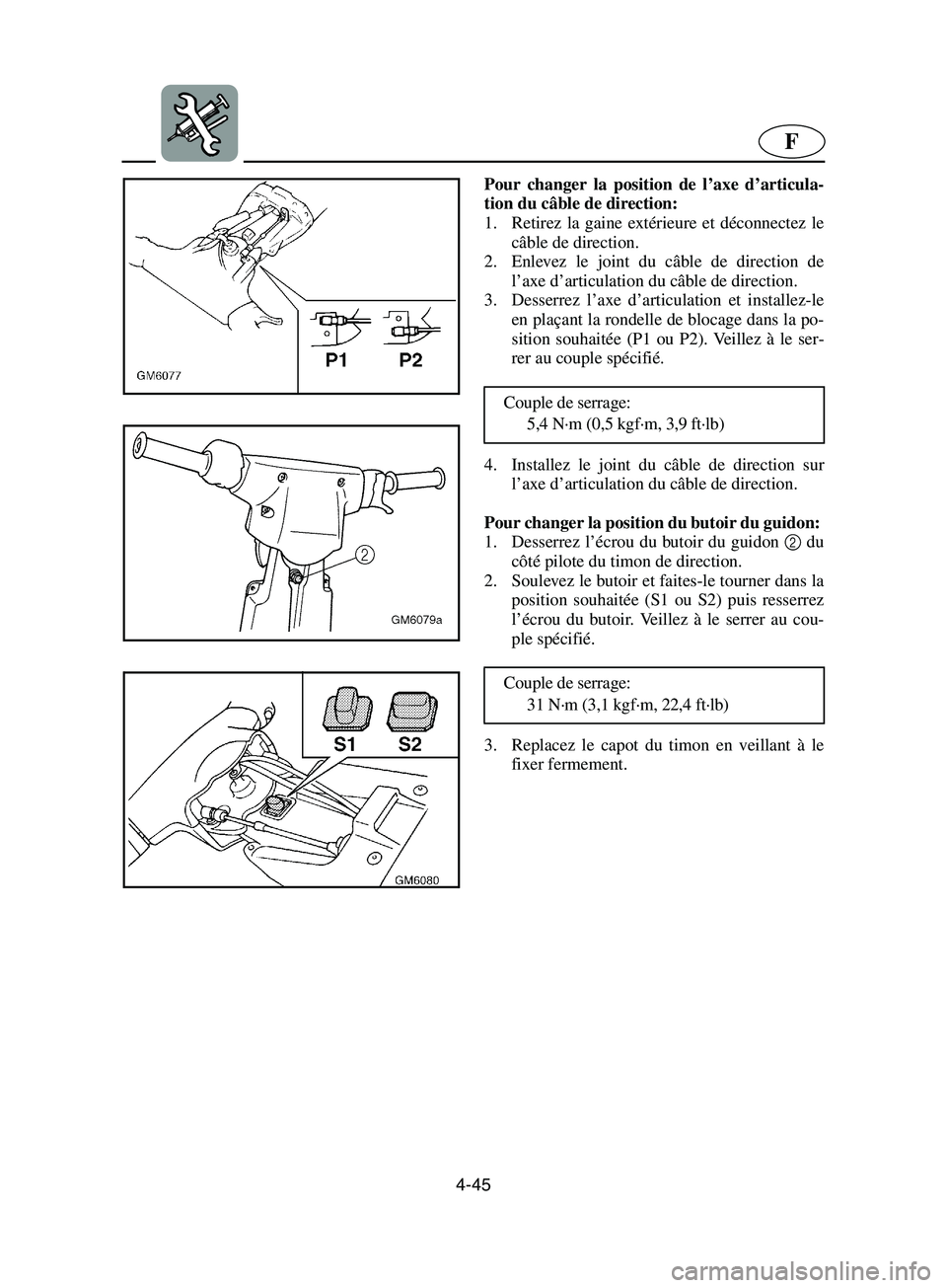 YAMAHA SUPERJET 2002  Notices Demploi (in French) 4-45
F
Pour changer la position de l’axe d’articula-
tion du câble de direction: 
1. Retirez la gaine extérieure et déconnectez le
câble de direction. 
2. Enlevez le joint du câble de directi