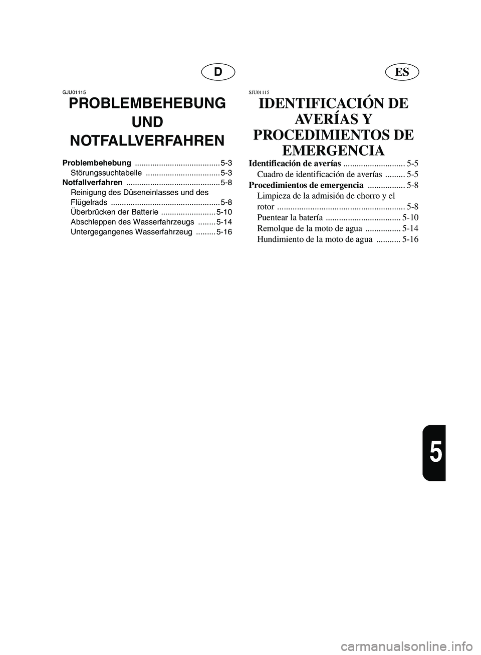 YAMAHA SUPERJET 2002  Notices Demploi (in French) ESD
5
GJU01115 
PROBLEMBEHEBUNG 
UND 
NOTFALLVERFAHREN
Problembehebung ....................................... 5-3
Störungssuchtabelle .................................. 5-3
Notfallverfahren ........