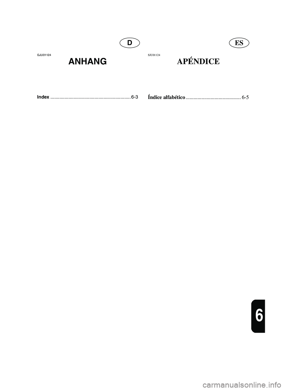 YAMAHA SUPERJET 2002 Notices Demploi (in French) ESD
6
GJU01124
ANHANG
Index.............................................................. 6-3
SJU01124
APÉNDICE
Índice alfabético
.......................................... 6-5
A_F1N-80.book Pag YAMAHA SUPERJET 2002 Notices Demploi (in French) ESD
6
GJU01124
ANHANG
Index.............................................................. 6-3
SJU01124
APÉNDICE
Índice alfabético
.......................................... 6-5
A_F1N-80.book Pag
