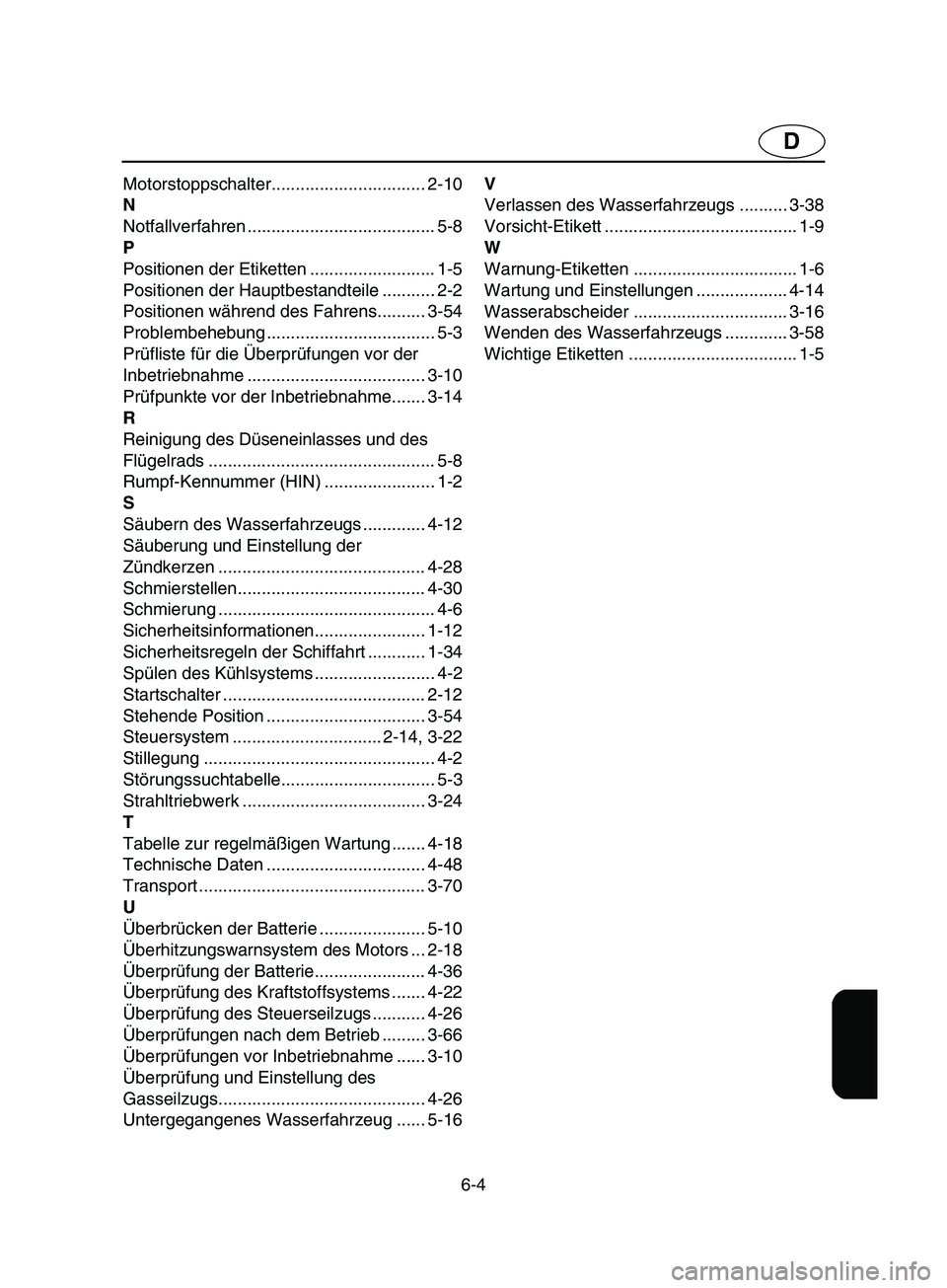 YAMAHA SUPERJET 2002  Betriebsanleitungen (in German) 6-4
D
Motorstoppschalter................................ 2-10
N
Notfallverfahren ....................................... 5-8
P
Positionen der Etiketten .......................... 1-5
Positionen der Ha