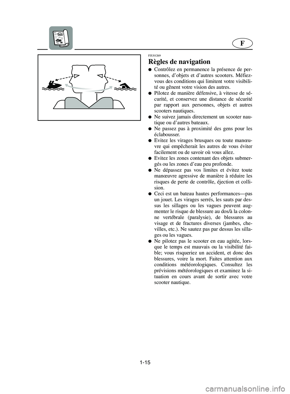 YAMAHA SUPERJET 2002  Manuale de Empleo (in Spanish) 1-15
F
FJU01269 
Règles de navigation  
Contrôlez en permanence la présence de per-
sonnes, d’objets et d’autres scooters. Méfiez-
vous des conditions qui limitent votre visibili-
té ou gên