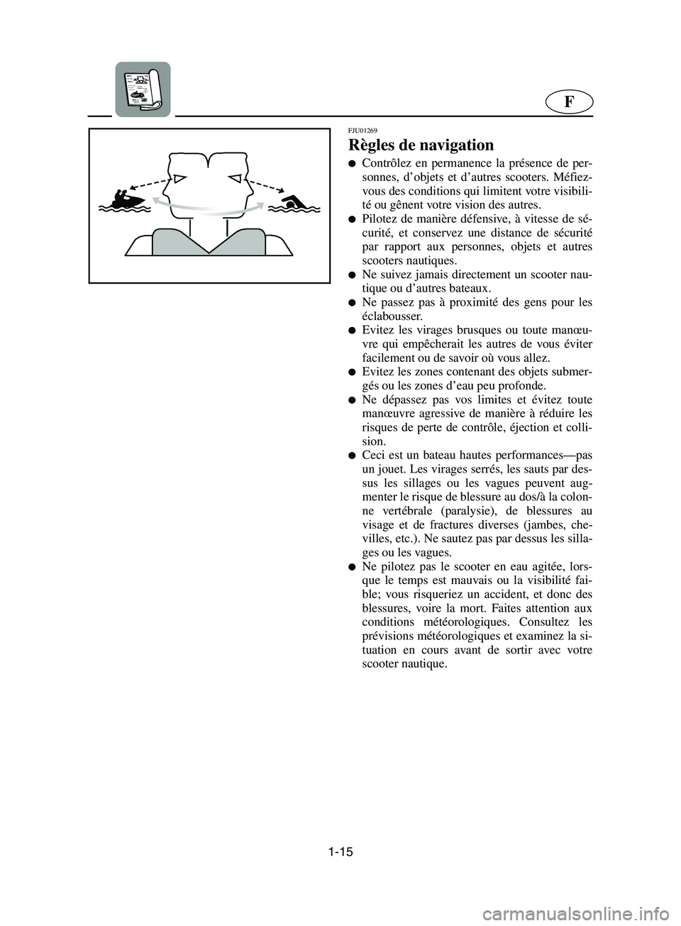 YAMAHA SUPERJET 2002  Notices Demploi (in French) 1-15
F
FJU01269 
Règles de navigation  
Contrôlez en permanence la présence de per-
sonnes, d’objets et d’autres scooters. Méfiez-
vous des conditions qui limitent votre visibili-
té ou gên