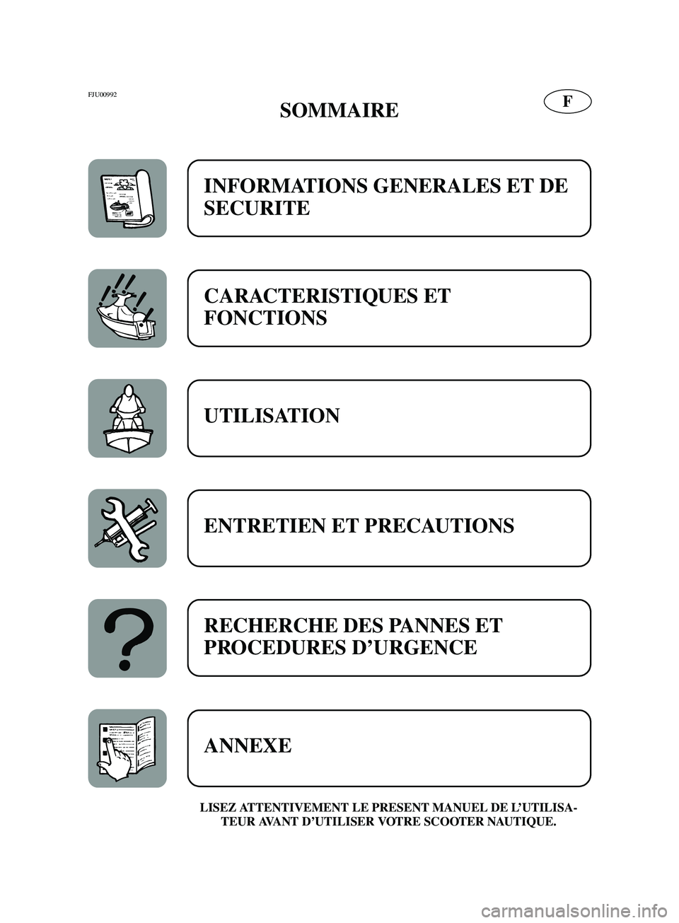 YAMAHA SUPERJET 2002  Manuale de Empleo (in Spanish) FFJU00992 
SOMMAIRE
LISEZ ATTENTIVEMENT LE PRESENT MANUEL DE L’UTILISA-
TEUR AVANT D’UTILISER VOTRE SCOOTER NAUTIQUE.
INFORMATIONS GENERALES ET DE 
SECURITE
CARACTERISTIQUES ET 
FONCTIONS 
UTILISA
