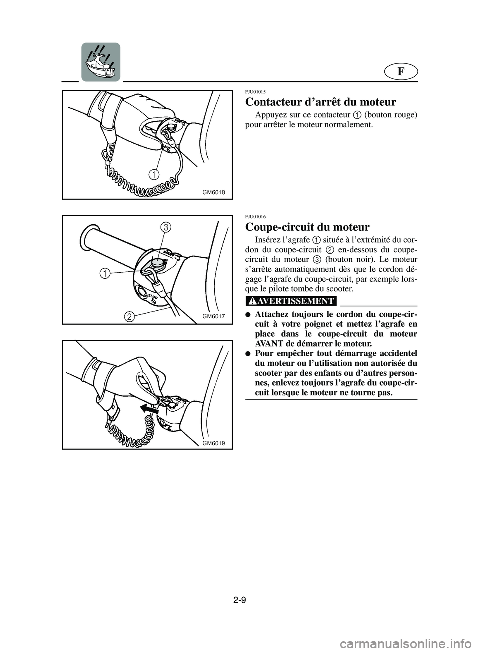 YAMAHA SUPERJET 2002  Notices Demploi (in French) 2-9
F
FJU01015 
Contacteur d’arrêt du moteur  
Appuyez sur ce contacteur 1
 (bouton rouge)
pour arrêter le moteur normalement.
FJU01016 
Coupe-circuit du moteur  
Insérez l’agrafe 1
 située à