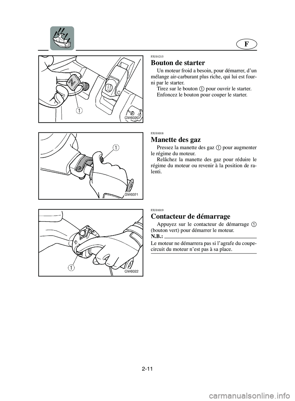 YAMAHA SUPERJET 2002  Notices Demploi (in French) 2-11
F
FJU01215 
Bouton de starter  
Un moteur froid a besoin, pour démarrer, d’un
mélange air-carburant plus riche, qui lui est four-
ni par le starter. 
Tirez sur le bouton 1
 pour ouvrir le sta