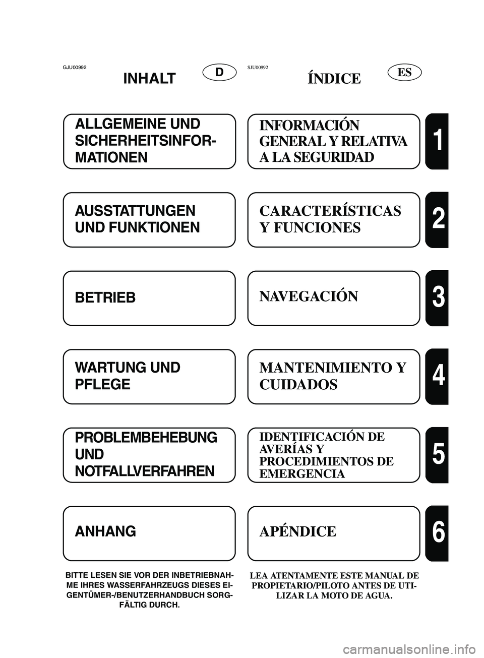 YAMAHA SUPERJET 2002  Manuale de Empleo (in Spanish) ESDGJU00992 
INHALT 
BITTE LESEN SIE VOR DER INBETRIEBNAH-
ME IHRES WASSERFAHRZEUGS DIESES EI-
GENTÜMER-/BENUTZERHANDBUCH SORG-
FÄLTIG DURCH.LEA ATENTAMENTE ESTE MANUAL DE 
PROPIETARIO/PILOTO ANTES 