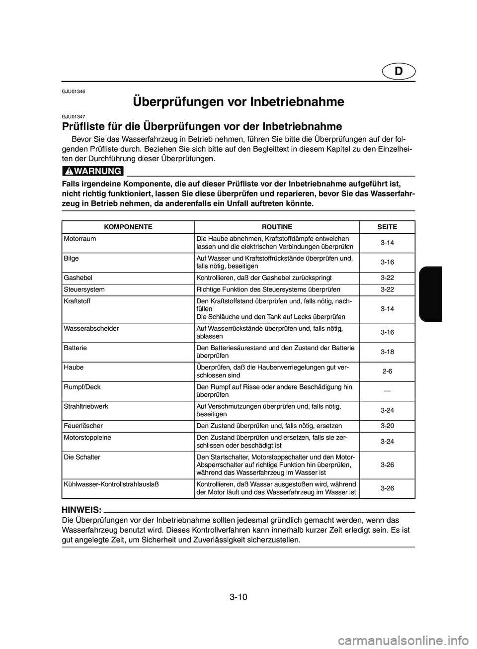 YAMAHA SUPERJET 2002  Betriebsanleitungen (in German) 3-10
D
GJU01346 
Überprüfungen vor Inbetriebnahme  
GJU01347 
Prüfliste für die Überprüfungen vor der Inbetriebnahme  
Bevor Sie das Wasserfahrzeug in Betrieb nehmen, führen Sie bitte die Über