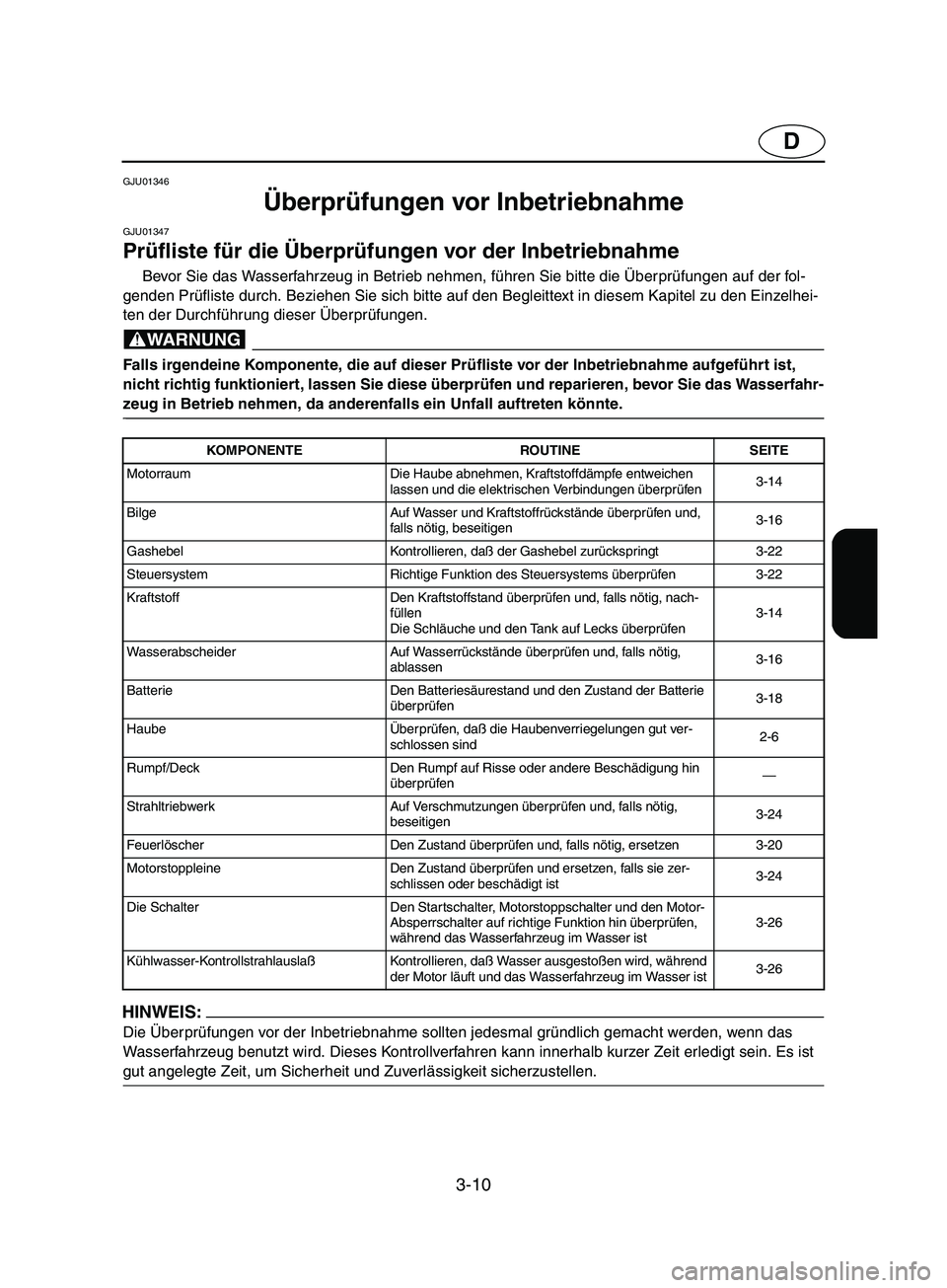 YAMAHA SUPERJET 2002  Notices Demploi (in French) 3-10
D
GJU01346 
Überprüfungen vor Inbetriebnahme  
GJU01347 
Prüfliste für die Überprüfungen vor der Inbetriebnahme  
Bevor Sie das Wasserfahrzeug in Betrieb nehmen, führen Sie bitte die Über