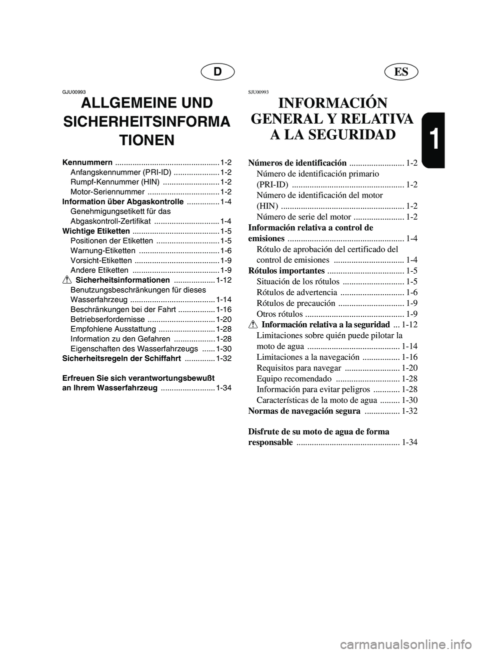 YAMAHA SUPERJET 2002  Notices Demploi (in French) ESD
1
GJU00993 
ALLGEMEINE UND 
SICHERHEITSINFORMA
TIONEN
Kennummern ................................................ 1-2
Anfangskennummer (PRI-ID) ..................... 1-2
Rumpf-Kennummer (HIN)  ...