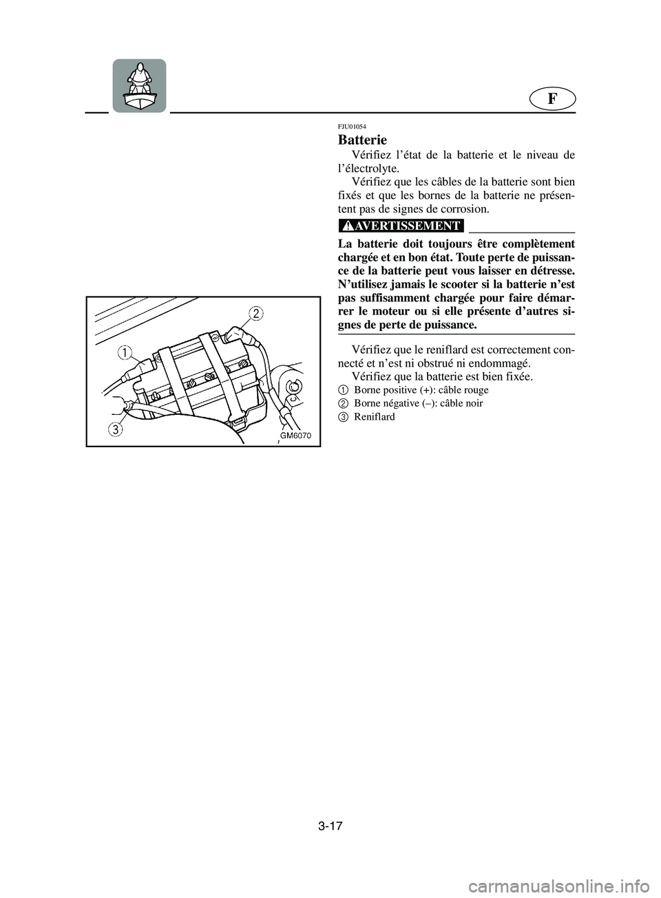 YAMAHA SUPERJET 2002  Notices Demploi (in French) 3-17
F
FJU01054 
Batterie  
Vérifiez l’état de la batterie et le niveau de
l’électrolyte. 
Vérifiez que les câbles de la batterie sont bien
fixés et que les bornes de la batterie ne présen-