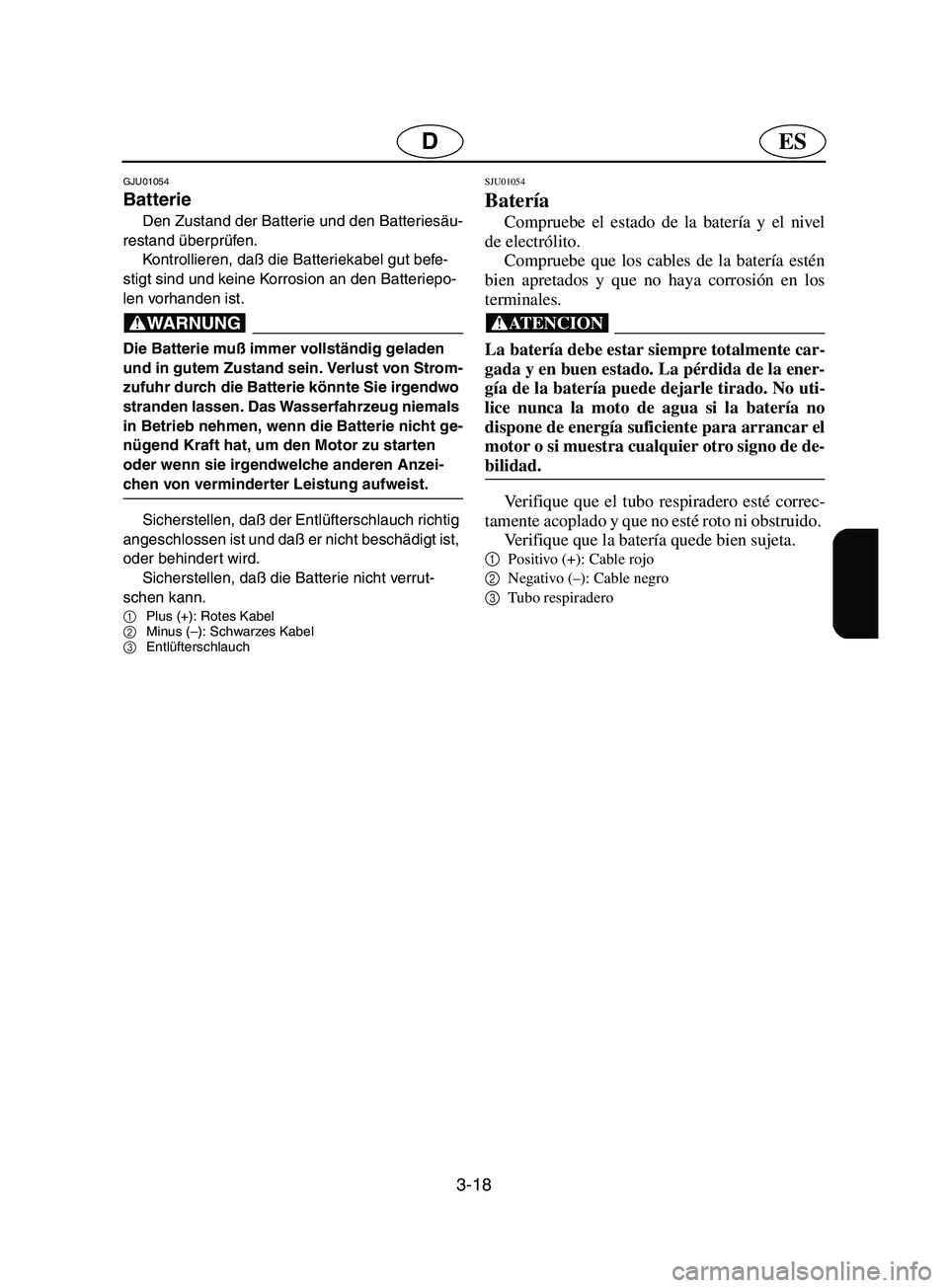 YAMAHA SUPERJET 2002  Notices Demploi (in French) 3-18
ESD
GJU01054 
Batterie  
Den Zustand der Batterie und den Batteriesäu-
restand überprüfen. 
Kontrollieren, daß die Batteriekabel gut befe-
stigt sind und keine Korrosion an den Batteriepo-
le