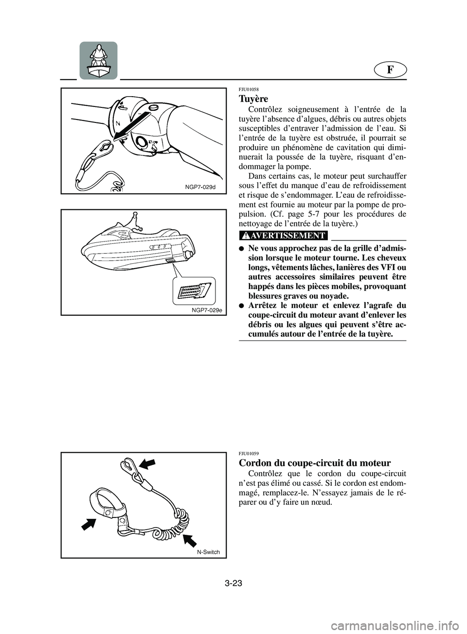 YAMAHA SUPERJET 2002  Notices Demploi (in French) 3-23
F
FJU01058 
Tu yère  
Contrôlez soigneusement à l’entrée de la
tuyère l’absence d’algues, débris ou autres objets
susceptibles d’entraver l’admission de l’eau. Si
l’entrée de