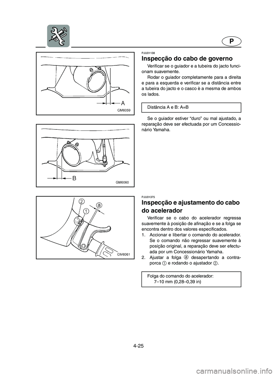 YAMAHA SUPERJET 2002  Manual de utilização (in Portuguese) 4-25
P
PJU01138 
Inspecção do cabo de governo  
Verificar se o guiador e a tubeira do jacto funci-
onam suavemente. 
Rodar o guiador completamente para a direita
e para a esquerda e verificar se a d