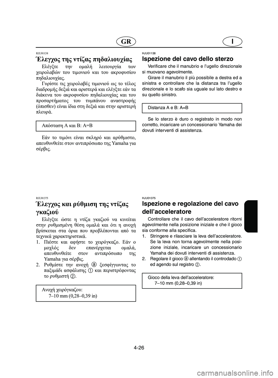 YAMAHA SUPERJET 2002  Manual de utilização (in Portuguese) 4-26
IGR
RJU01138 
Έλεγχος της ντίζας πηδαλιουχίας  
Ελέγξτε την ομαλή λειτουργία των
χειρολαβών του τιμονιού και του