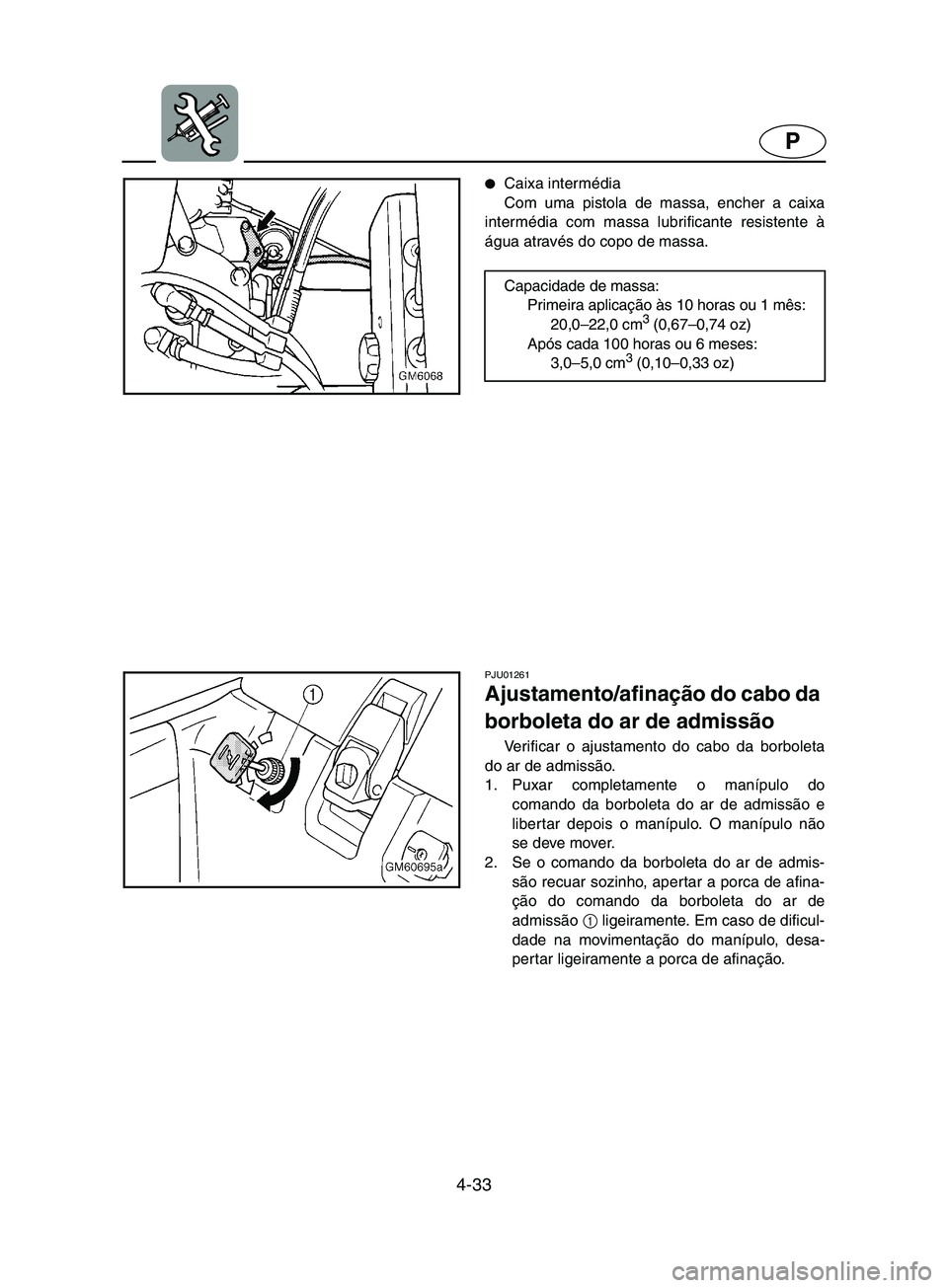 YAMAHA SUPERJET 2002  Manual de utilização (in Portuguese) 4-33
P
Caixa intermédia 
Com uma pistola de massa, encher a caixa
intermédia com massa lubrificante resistente à
água através do copo de massa. 
Capacidade de massa: 
Primeira aplicação às 10
