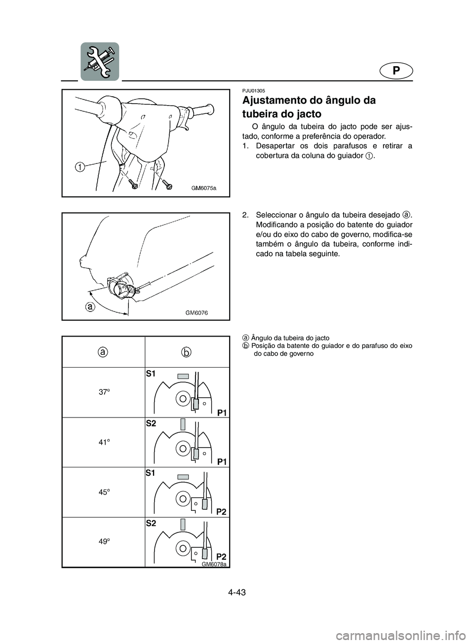 YAMAHA SUPERJET 2002 Manual de utilização (in Portuguese) 4-43
P
PJU01305
Ajustamento do ângulo da
tubeira do jacto
O ângulo da tubeira do jacto pode ser ajus-
tado, conforme a preferência do operador.
1. Desaper tar os dois parafusos e retirar a
cob YAMAHA SUPERJET 2002 Manual de utilização (in Portuguese) 4-43
P
PJU01305
Ajustamento do ângulo da
tubeira do jacto
O ângulo da tubeira do jacto pode ser ajus-
tado, conforme a preferência do operador.
1. Desaper tar os dois parafusos e retirar a
cob