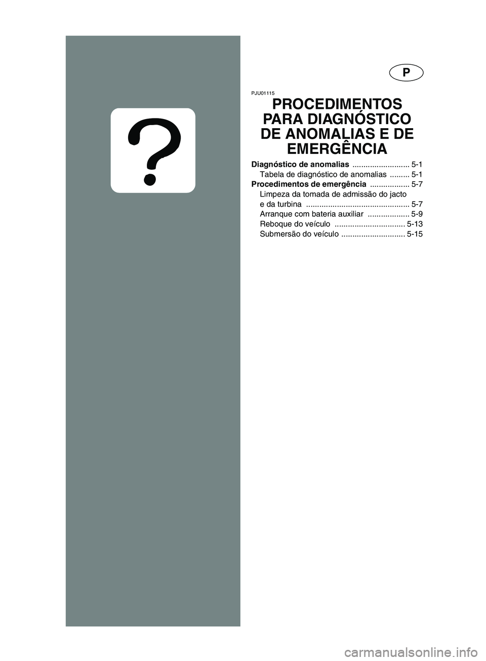 YAMAHA SUPERJET 2002 Manual de utilização (in Portuguese) P
PJU01115
PROCEDIMENTOS
PARA DIAGNÓSTICO
DE ANOMALIAS E DE
EMERGÊNCIA
Diagnóstico de anomalias .......................... 5-1
Tabela de diagnóstico de anomalias ......... 5-1
Procedimentos d YAMAHA SUPERJET 2002 Manual de utilização (in Portuguese) P
PJU01115
PROCEDIMENTOS
PARA DIAGNÓSTICO
DE ANOMALIAS E DE
EMERGÊNCIA
Diagnóstico de anomalias .......................... 5-1
Tabela de diagnóstico de anomalias ......... 5-1
Procedimentos d