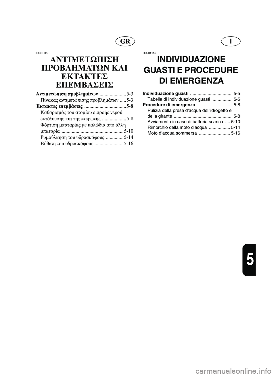 YAMAHA SUPERJET 2002 Manual de utilização (in Portuguese) IGR
5
RJU01115
ΑΝΤΙΜΕΤΩΠΙΣΗ
ΠΡΟΒΛΗΜΑΤΩΝ ΚΑΙ
ΕΚΤΑΚΤΕΣ
ΕΠΕΜΒΑΣΕΙΣ
Αντιμετώπιση προβλημάτων
..................... 5-3
Πίνακα YAMAHA SUPERJET 2002 Manual de utilização (in Portuguese) IGR
5
RJU01115
ΑΝΤΙΜΕΤΩΠΙΣΗ
ΠΡΟΒΛΗΜΑΤΩΝ ΚΑΙ
ΕΚΤΑΚΤΕΣ
ΕΠΕΜΒΑΣΕΙΣ
Αντιμετώπιση προβλημάτων
..................... 5-3
Πίνακα