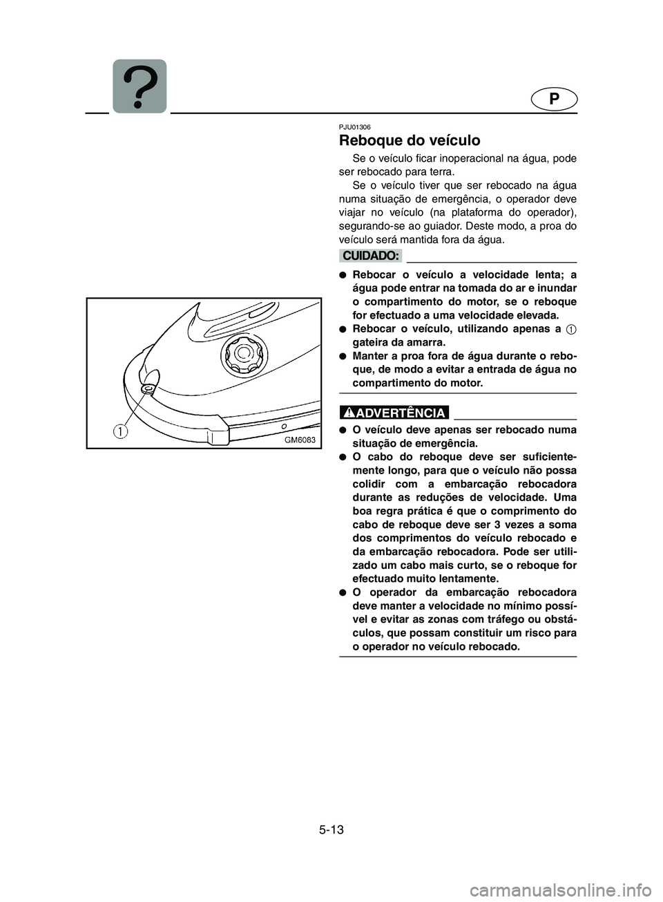 YAMAHA SUPERJET 2002 Manual de utilização (in Portuguese) 5-13
P
PJU01306
Reboque do veículo
Se o veículo ficar inoperacional na água, pode
ser rebocado para terra.
Se o veículo tiver que ser rebocado na água
numa situação de emergência, o operad YAMAHA SUPERJET 2002 Manual de utilização (in Portuguese) 5-13
P
PJU01306
Reboque do veículo
Se o veículo ficar inoperacional na água, pode
ser rebocado para terra.
Se o veículo tiver que ser rebocado na água
numa situação de emergência, o operad