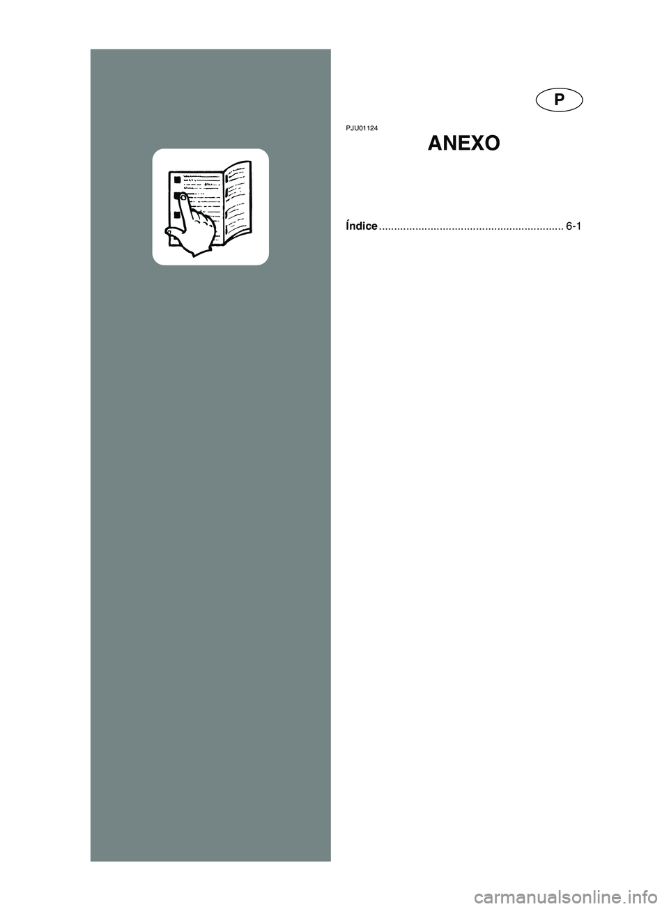 YAMAHA SUPERJET 2002 Manual de utilização (in Portuguese) P
PJU01124
ANEXO
Índice............................................................. 6-1
B_F1N-80.book Page 1 Thursday, July 19, 2001 9:40 AM YAMAHA SUPERJET 2002 Manual de utilização (in Portuguese) P
PJU01124
ANEXO
Índice............................................................. 6-1
B_F1N-80.book Page 1 Thursday, July 19, 2001 9:40 AM