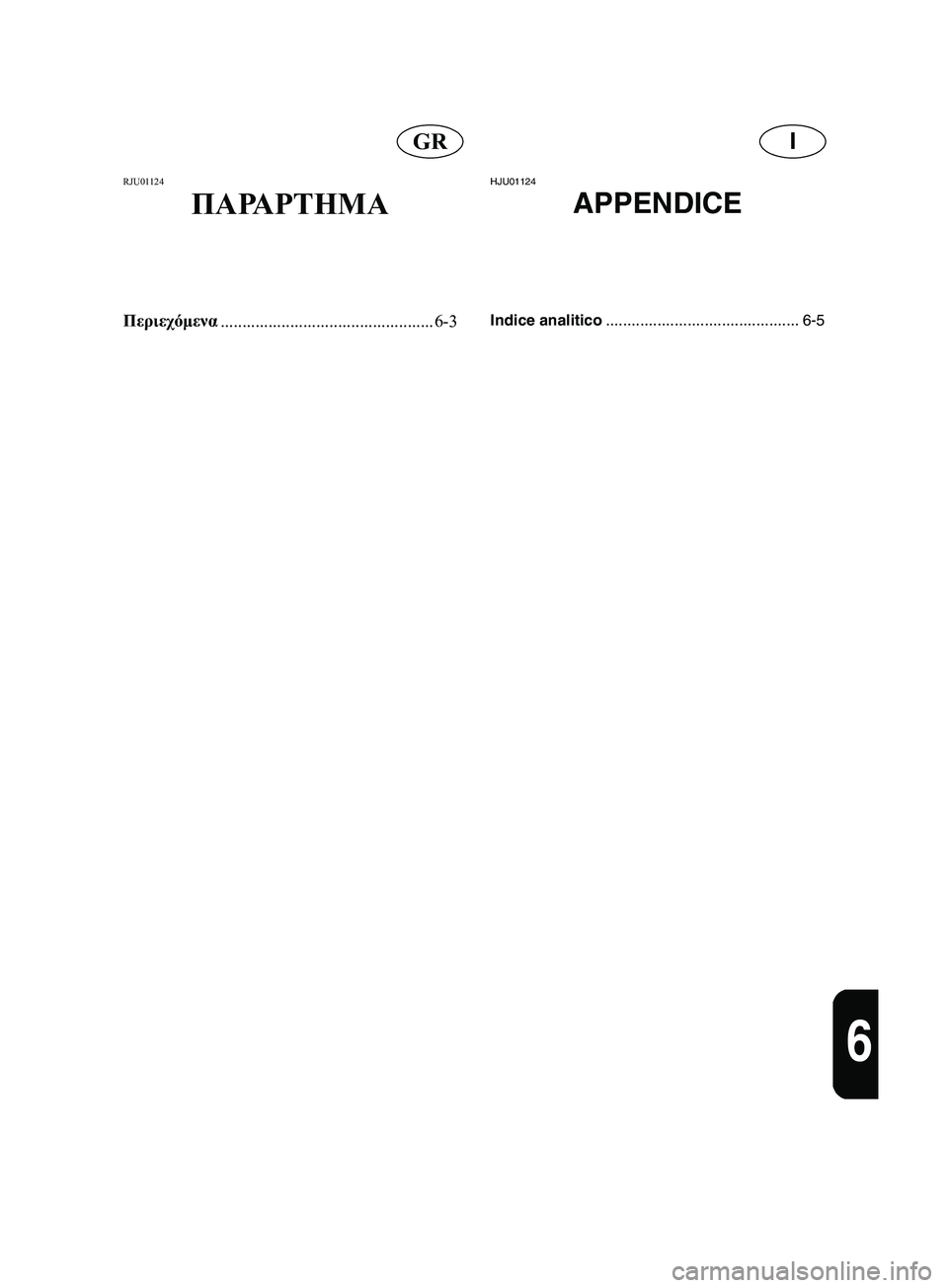 YAMAHA SUPERJET 2002 Manuale duso (in Italian) IGR
6
RJU01124
ΠΑΡΑΡΤΗΜΑ
Περιεχόμενα
................................................. 6-3
HJU01124
APPENDICE
Indice analitico............................................. 6-5
B_ YAMAHA SUPERJET 2002 Manuale duso (in Italian) IGR
6
RJU01124
ΠΑΡΑΡΤΗΜΑ
Περιεχόμενα
................................................. 6-3
HJU01124
APPENDICE
Indice analitico............................................. 6-5
B_