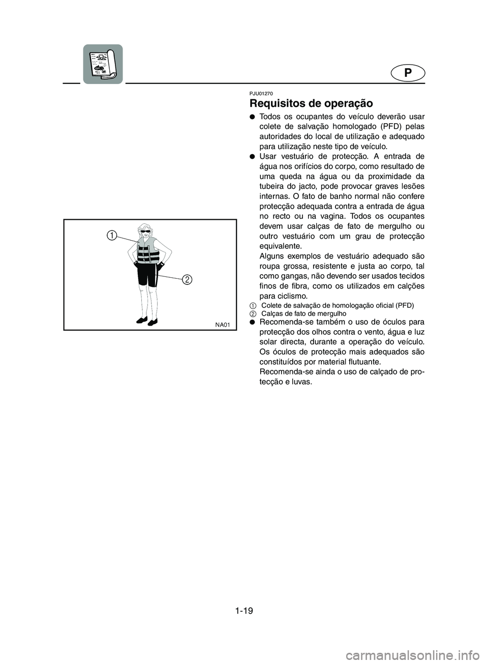 YAMAHA SUPERJET 2002  Manuale duso (in Italian) 1-19
P
PJU01270 
Requisitos de operação  
Todos os ocupantes do veículo deverão usar
colete de salvação homologado (PFD) pelas
autoridades do local de utilização e adequado
para utilização 