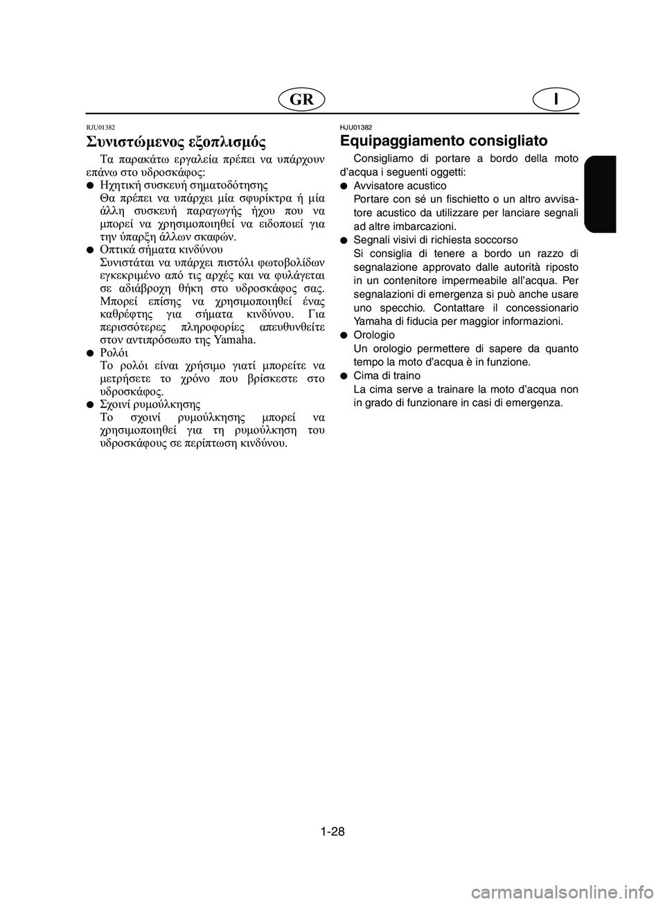 YAMAHA SUPERJET 2002  Manuale duso (in Italian) 1-28
IGR
RJU01382
Συνιστώμενος εξοπλισμός 
Τα παρακάτω εργαλεία πρέπει να υπάρχουν
επάνω στο υδροσκάφος: 
Ηχητική συ