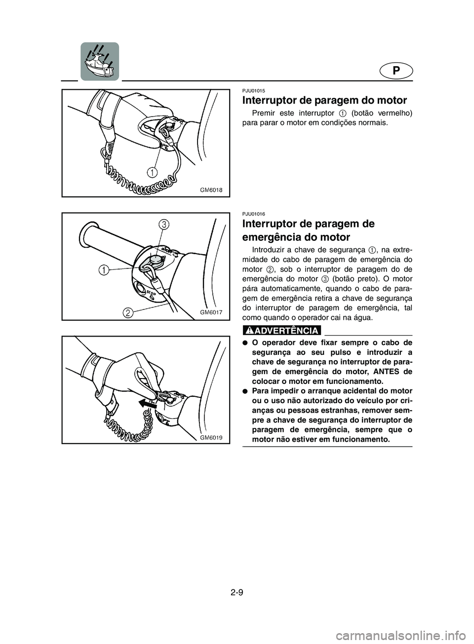 YAMAHA SUPERJET 2002 Manual de utilização (in Portuguese) 2-9
P
PJU01015
Interruptor de paragem do motor
Premir este interruptor 1
(botão vermelho)
para parar o motor em condições normais.
PJU01016
Interruptor de paragem de
emergência do motor
In YAMAHA SUPERJET 2002 Manual de utilização (in Portuguese) 2-9
P
PJU01015
Interruptor de paragem do motor
Premir este interruptor 1
(botão vermelho)
para parar o motor em condições normais.
PJU01016
Interruptor de paragem de
emergência do motor
In