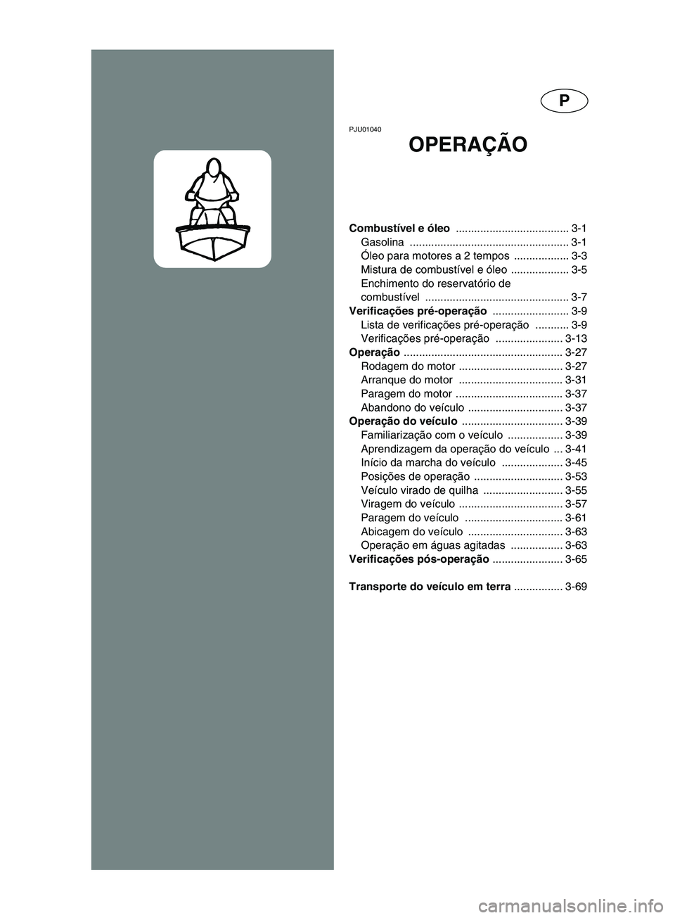 YAMAHA SUPERJET 2002  Manual de utilização (in Portuguese) P
PJU01040 
OPERAÇÃO
Combustível e óleo ..................................... 3-1
Gasolina .................................................... 3-1
Óleo para motores a 2 tempos  .................