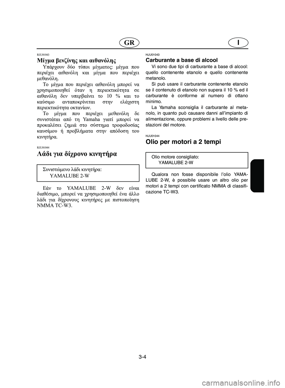 YAMAHA SUPERJET 2002  Manual de utilização (in Portuguese) 3-4
IGR
RJU01043 
Μίγμα βενζίνης και αιθανόλης  
Υπάρχουν δύο τύποι μίγματος: μίγμα που
περιέχει αιθανόλη και μίγμα π