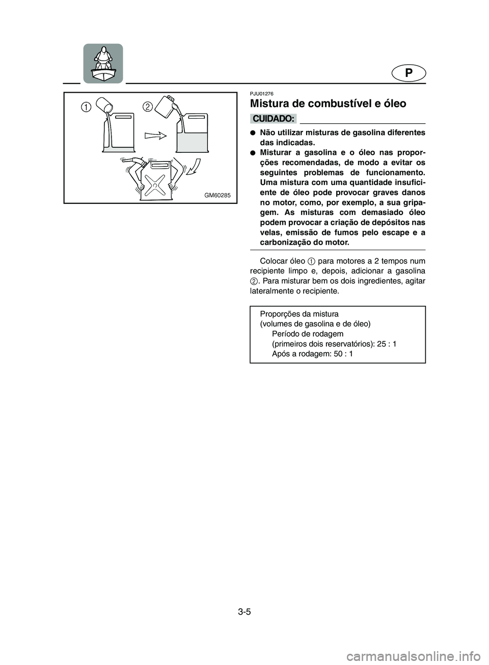 YAMAHA SUPERJET 2002  Manual de utilização (in Portuguese) 3-5
P
PJU01276 
Mistura de combustível e óleo  
@ Não utilizar misturas de gasolina diferentes
das indicadas. 
Misturar a gasolina e o óleo nas propor-
ções recomendadas, de modo a evitar os
s