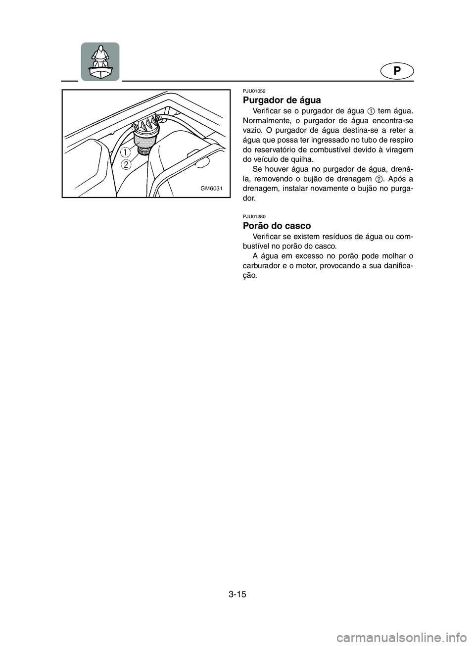 YAMAHA SUPERJET 2002 Manual de utilização (in Portuguese) 3-15
P
PJU01052
Purgador de água
Verificar se o purgador de água 1
tem água.
Normalmente, o purgador de água encontra-se
vazio. O purgador de água destina-se a reter a
água que possa ter ing YAMAHA SUPERJET 2002 Manual de utilização (in Portuguese) 3-15
P
PJU01052
Purgador de água
Verificar se o purgador de água 1
tem água.
Normalmente, o purgador de água encontra-se
vazio. O purgador de água destina-se a reter a
água que possa ter ing