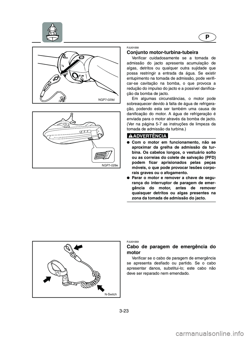 YAMAHA SUPERJET 2002 Manual de utilização (in Portuguese) 3-23
P
PJU01058
Conjunto motor-turbina-tubeira
Verificar cuidadosamente se a tomada de
admissão do jacto apresenta acumulação de
algas, detritos ou qualquer outra sujidade que
possa restringir a YAMAHA SUPERJET 2002 Manual de utilização (in Portuguese) 3-23
P
PJU01058
Conjunto motor-turbina-tubeira
Verificar cuidadosamente se a tomada de
admissão do jacto apresenta acumulação de
algas, detritos ou qualquer outra sujidade que
possa restringir a