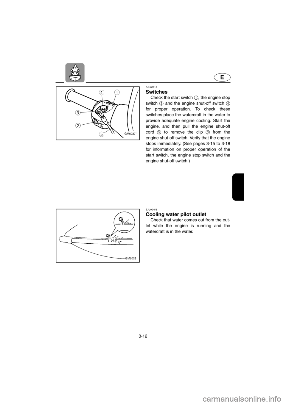 YAMAHA SUPERJET 2001 Service Manual 3-12
E
EJU00915
Switches
Check the start switch 1, the engine stop
switch 2 and the engine shut-off switch 4
for proper operation. To check these
switches place the watercraft in the water to
provide YAMAHA SUPERJET 2001 Service Manual 3-12
E
EJU00915
Switches
Check the start switch 1, the engine stop
switch 2 and the engine shut-off switch 4
for proper operation. To check these
switches place the watercraft in the water to
provide