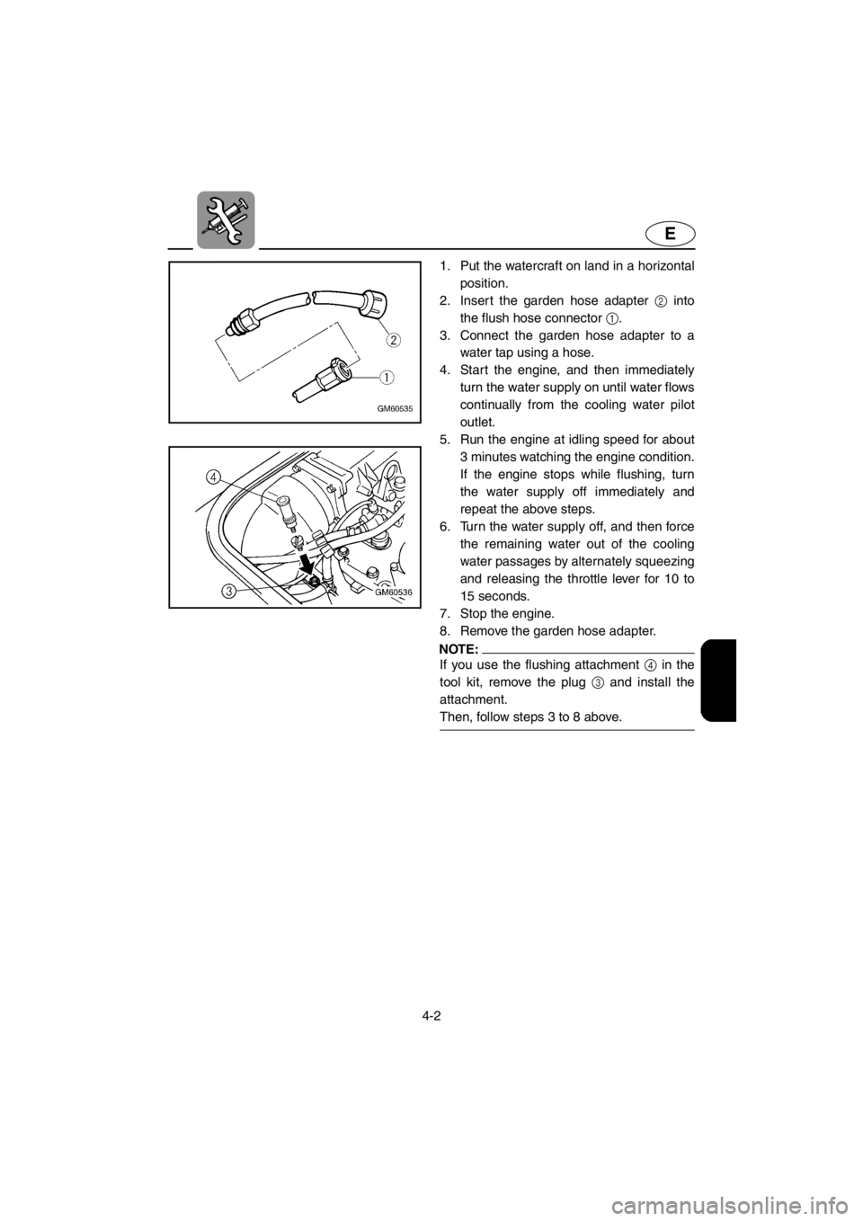 YAMAHA SUPERJET 2001 Manual PDF 4-2
E
1. Put the watercraft on land in a horizontal
position. 
2. Insert the garden hose adapter 2 into
the flush hose connector 1.
3. Connect the garden hose adapter to a
water tap using a hose. 
4. 