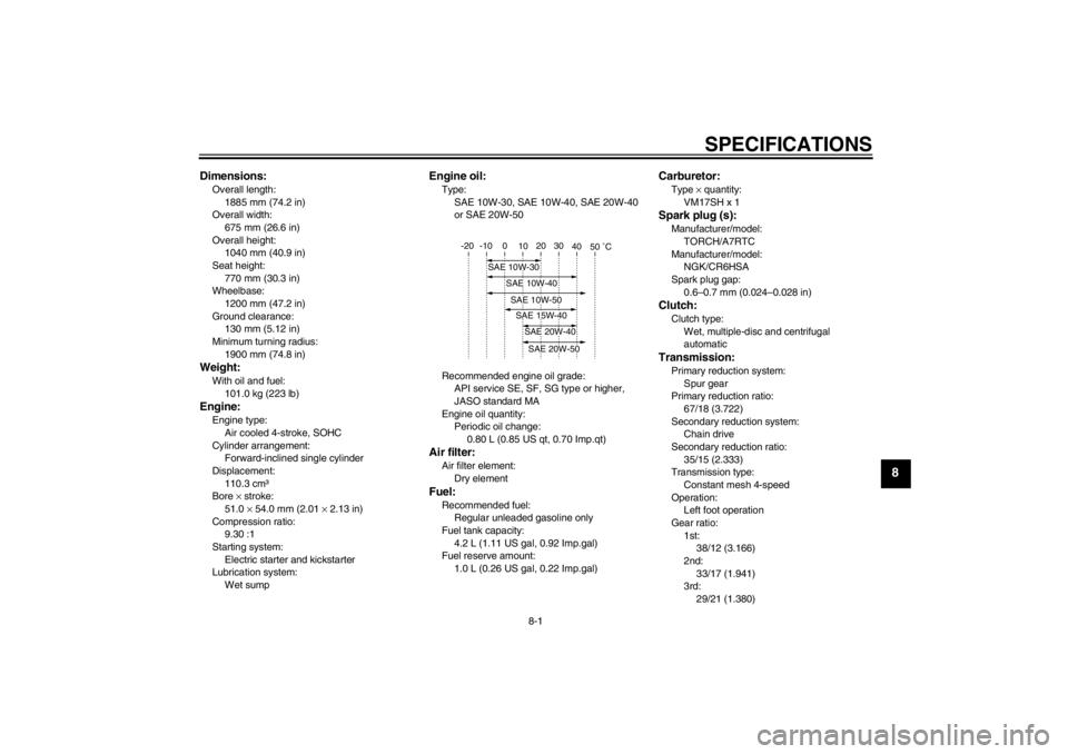 YAMAHA T105 2009 Manual PDF SPECIFICATIONS
8-1
8
Dimensions:Overall length:
1885 mm (74.2 in)
Overall width:
675 mm (26.6 in)
Overall height:
1040 mm (40.9 in)
Seat height:
770 mm (30.3 in)
Wheelbase:
1200 mm (47.2 in)
Ground cl YAMAHA T105 2009 Manual PDF SPECIFICATIONS
8-1
8
Dimensions:Overall length:
1885 mm (74.2 in)
Overall width:
675 mm (26.6 in)
Overall height:
1040 mm (40.9 in)
Seat height:
770 mm (30.3 in)
Wheelbase:
1200 mm (47.2 in)
Ground cl