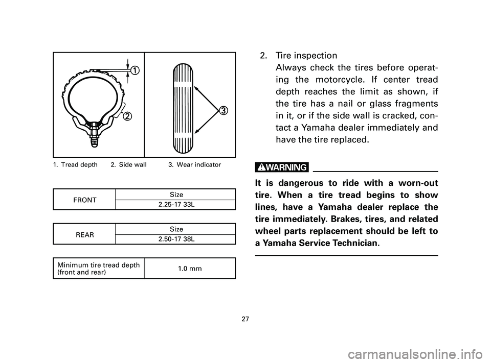 YAMAHA T105 2005  Owners Manual 2. Tire inspection
Always check the tires before operat-
ing the motorcycle. If center tread
depth reaches the limit as shown, if
the tire has a nail or glass fragments
in it, or if the side wall is c