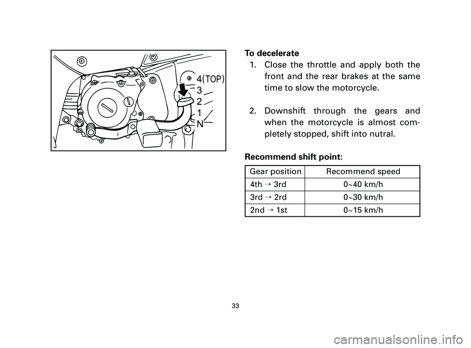 YAMAHA T105 2005  Owners Manual To decelerate
1. Close the throttle and apply both the
front and the rear brakes at the same
time to slow the motorcycle.
2. Downshift through the gears and
when the motorcycle is almost com-
pletely 
