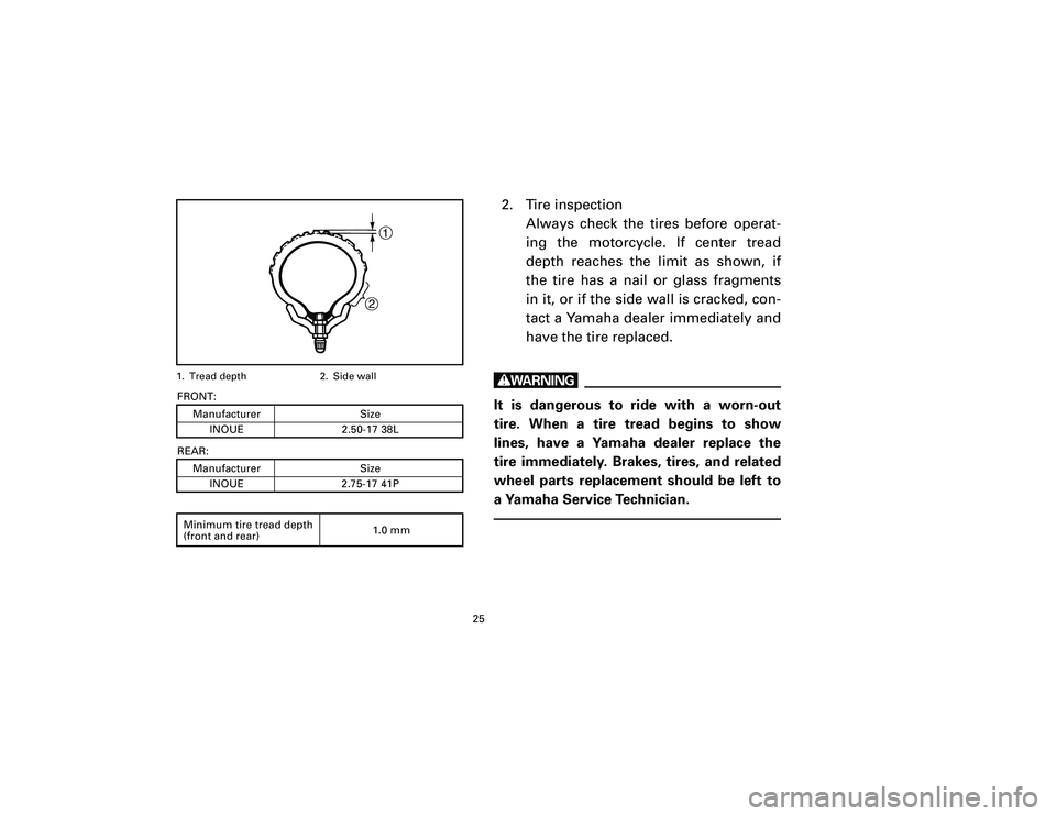 YAMAHA T105 2002 Owners Manual 2. Tire inspection
Always check the tires before operat-
ing the motorcycle. If center tread
depth reaches the limit as shown, if
the tire has a nail or glass fragments
in it, or if the side wall is c